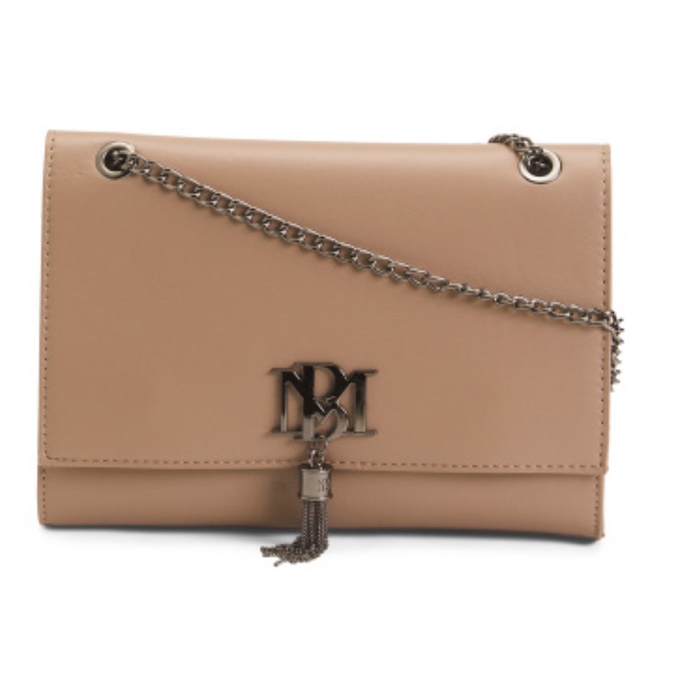 NWT Badgley Mischka Taupe Flap Adjustable Chain Bag with Tassel Detail